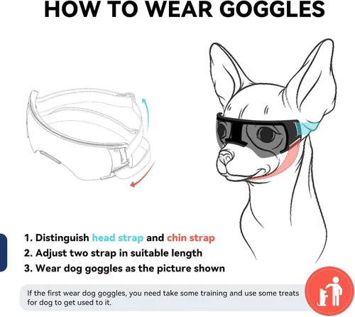 Vista 5 de Gafas de sol para perros pequeños con correas ajustables, lentes de sol anti-UV para perros, resistentes al viento, protección ocular para razas