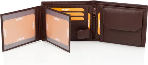 Vista 5 de KRONIFY Leather Wallet Men RFID Blocking Bifold & Trifold Genuine Leather 13 Card Slots Coin Pocket Gift Box Natural Dark Brown