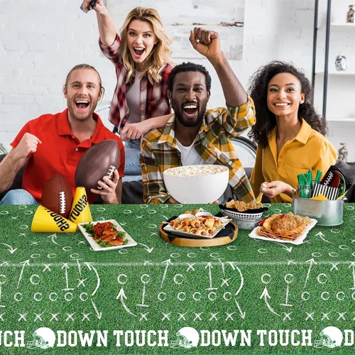 Vista 3 de Mantel de fútbol de plástico, manteles desechables para mesa rectangular, para el día del partido, decoración de fiesta de cumpleaños, suministros