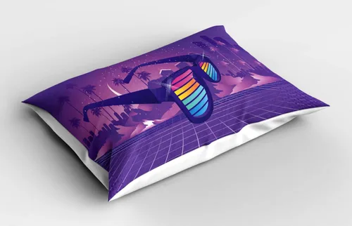 Vista 2 de Ambesonne Synthwave Pillow Sham, Rainbow Striped Retro Sunglasses on Big City with Tropical Palm Trees, Decorative Standard Size Printed Pillowcase