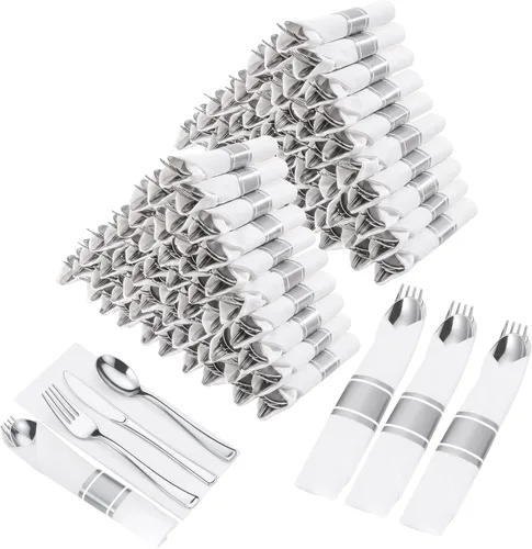 Vista 9 de Goodluck 100 Pack Pre Rolled Gold Plastic Silverware, Wrapped Cutlery