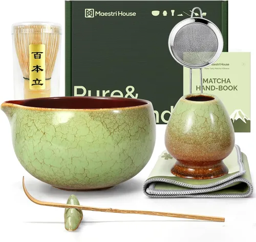 Vista 11 de Maestri House Juego de Batidores de Matcha, Kit Completo de Matcha de 7 Piezas con Cuenco de Cerámica con Boquilla, Batidor y Soporte de Bambú