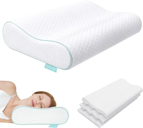 Vista 10 de Releep Almohada cervical de espuma viscoelástica para aliviar el dolor, contorno ajustable (4 alturas), portátil y lavable, almohada de viaje