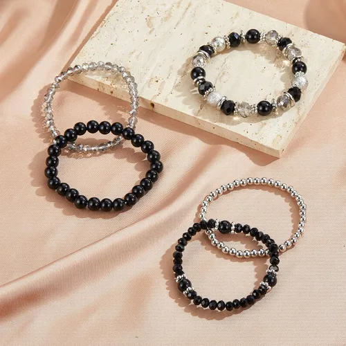 Vista 6 de Noessla Pulsera elástica de perlas con cuentas de plata, apilables, pulseras de cuentas de cristal, joyería de moda, regalo para el día de la madre