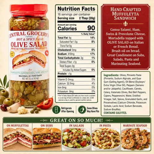 Vista 2 de Central Grocery Ensalada de aceitunas picante y picante de 16 onzas, auténtica ensalada de aceitunas italianas de Nueva Orleans, sándwich picante