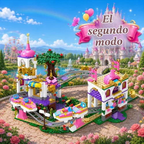 Vista 3 de Juego de construcción de montaña rusa de castillo, kit de construcción de parque de atracciones STEM para niños, bloques de juegos rosa creativos