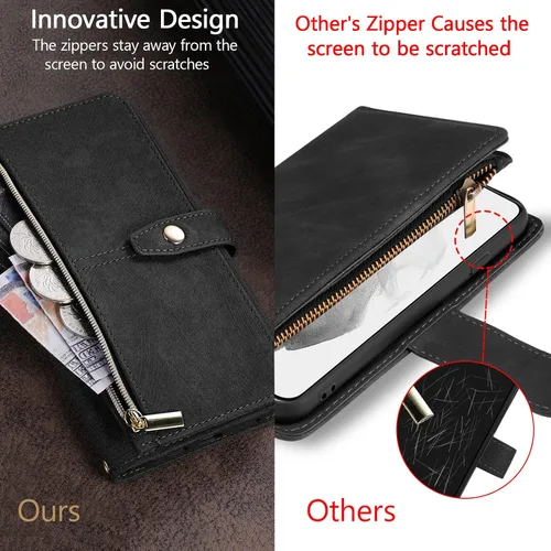 Vista 6 de UEEBAI Funda para iPhone XR, 9 ranuras para tarjetas, cartera de cuero retro, a prueba de golpes, con correa de mano, ranuras para tarjetas Negro