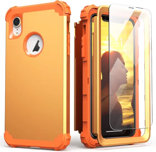 Vista 10 de IDweel Funda para iPhone XR, funda para iPhone XR con protector de pantalla de vidrio templado, 3 en 1, a prueba de golpes, delgada, híbrida, Negro