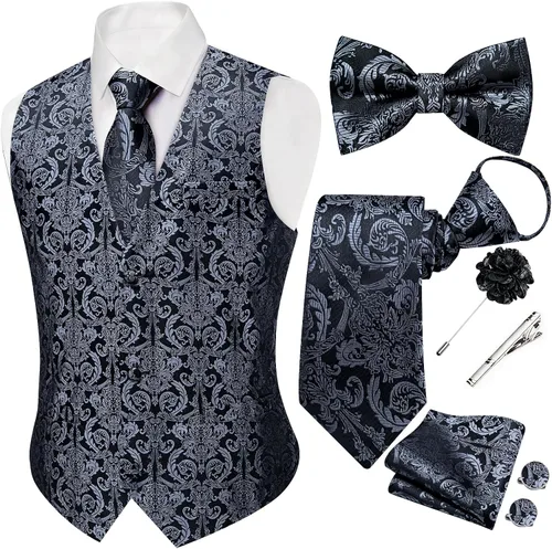 Vista 8 de DiBanGu Conjunto de chaleco de traje de cachemira y corbata preatada para Dorado y Negro