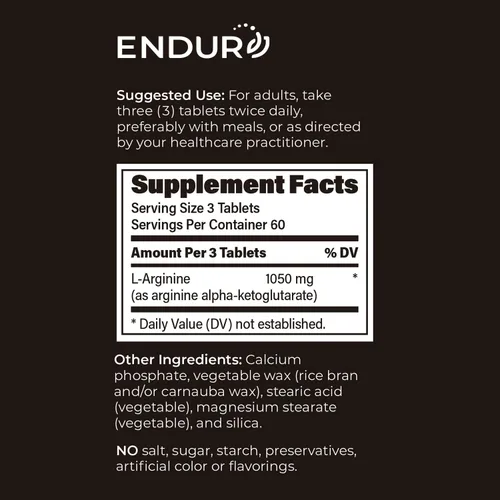 Vista 6 de Endurance Products ENDUR - L-Arginina - 350 mg - Flujo sanguíneo y apoyo de la función cardíaca - Alta potencia - Apoya la producción de óxido