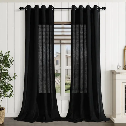 Vista 8 de Cortinas de lino negro para dormitorio y sala de estar de 84 pulgadas de largo, juego de 2 paneles, para habitación de niños, filtro de luz