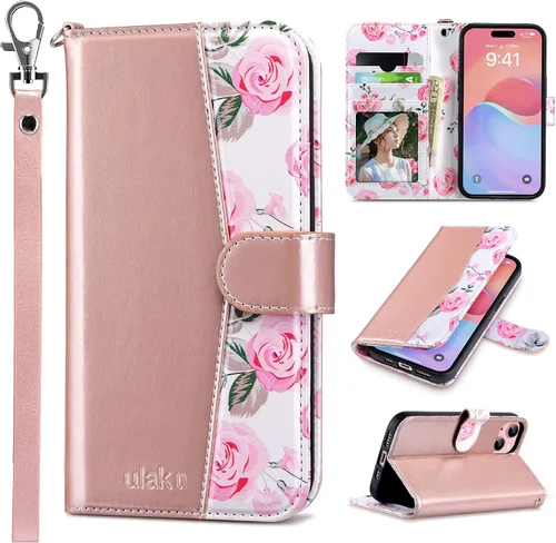 Vista 35 de ULAK Funda tipo billetera compatible con iPhone 15 para mujeres, funda tipo cartera con estampado floral de piel PU premium con porta tarjetas