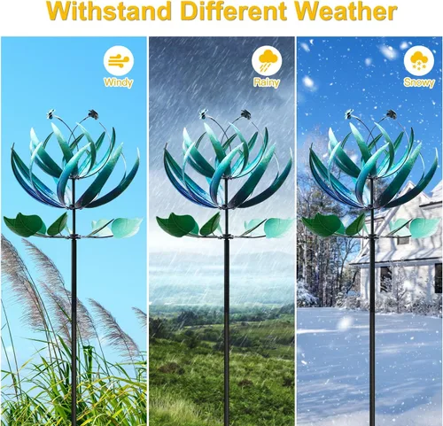 Vista 7 de LimeHill Molinillo de viento para patio y jardín, molinillos de viento de metal grandes para decoraciones al aire libre (loto azul (24 x 84 pulgadas)