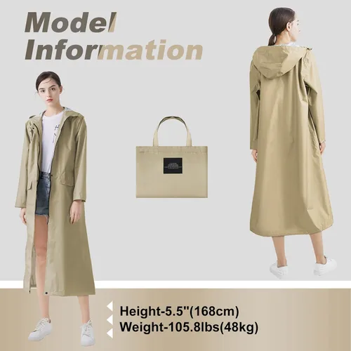 Vista 6 de LAMA Impermeable largo con capucha para mujer, impermeable de longitud completa con bolsillo y cremallera, ropa impermeable plegable, impermeable