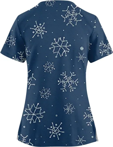 Vista 2 de Camisetas de Navidad para mujer, divertidos elementos navideños impresos, camisetas de otoño con cuello en V y bolsillos
