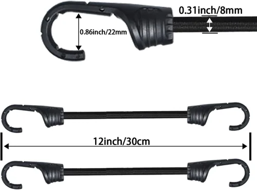 Vista 2 de Cuerdas elásticas de 12 pulgadas con ganchos, correas elásticas negras para camping, bicicleta, vagón plegable, maletero, etc.
