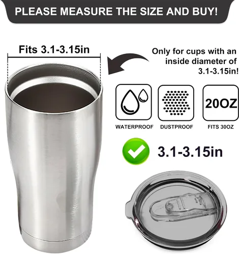 Vista 3 de 2 tapas de repuesto para tapas de vaso de acero inoxidable de 20 onzas. Solo reemplaza las cubiertas con un diámetro superior de 3.4 pulgadas