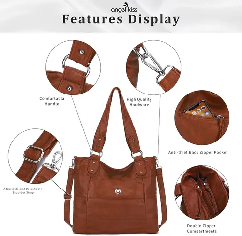 Vista 6 de Angel Kiss Hobo - Bolsos de hombro para mujer, grandes, suaves, de piel sintética lavada, a rayas, bolsos cruzados