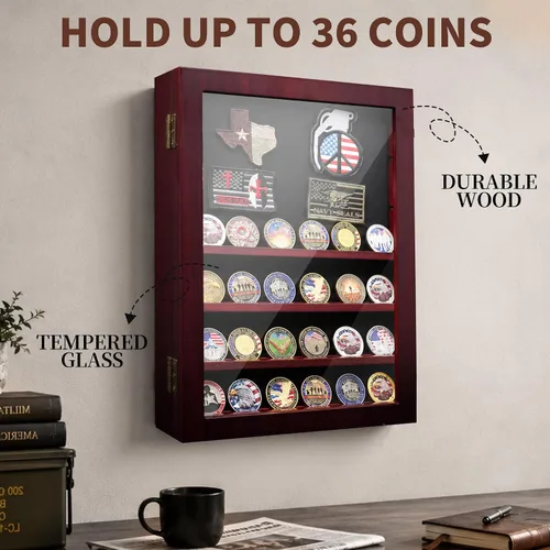 Vista 2 de ASmileIndeep Expositor de monedas de desafío militar de 6 filas, soporte de monedas de madera del ejército con vidrio templado HD, caja de Rojo