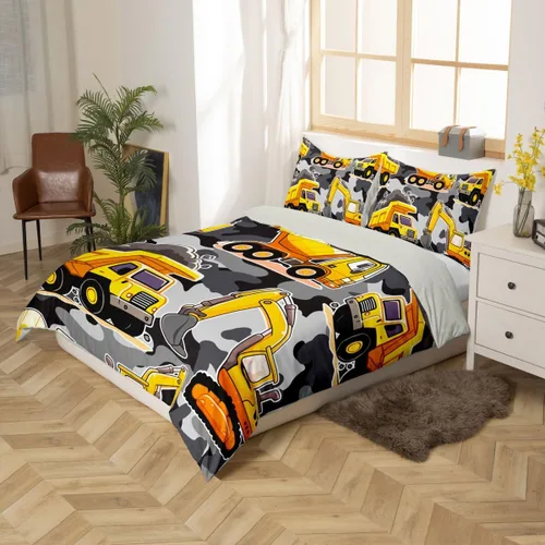 Vista 6 de Erosebridal Juego de ropa de cama de tractor de construcción para niños, niños, adolescentes, diseño de camiones y excavadoras, tamaño individual