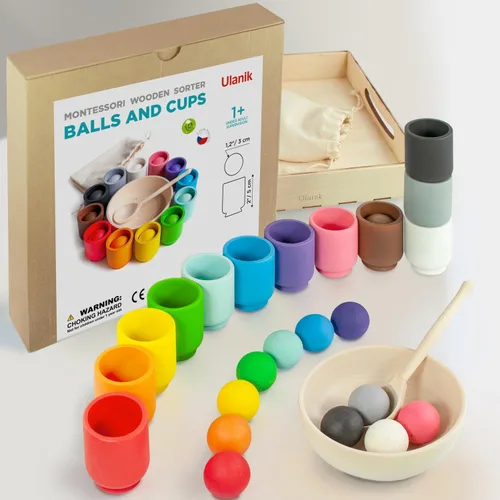 Vista 2 de Ulanik Pelotas en tazas Montessori Juguetes para niños de 1 año + niños preescolares juegos de madera a juego para aprender clasificación