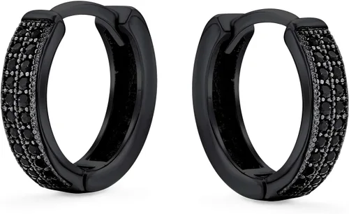 Vista 2 de Aretes de aro unisex con circonita cúbica negra pavimentada micro pavé, delgados, anchos para mujeres, adolescentes y hombres, circonita cúbica IP
