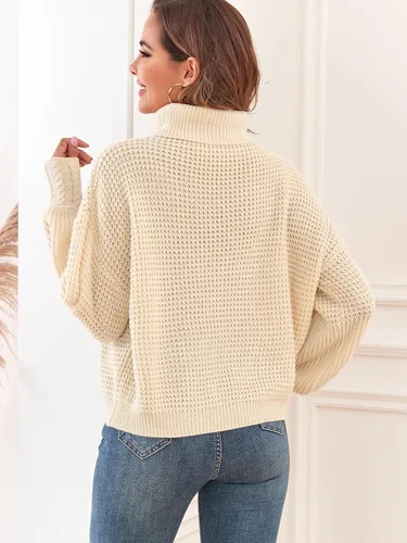 Vista 6 de Suéter de manga larga tipo farol de cuello alto para mujer, de punto gofre, de gran