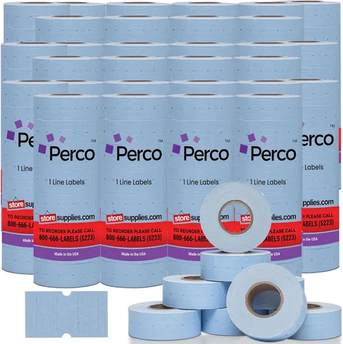 Vista 18 de Etiquetas azules Perco de 1 línea - 8 rollos, 1 funda, 8,000 etiquetas en blanco para pistolas de precio y fecha de 1 línea Perco - Fabricadas