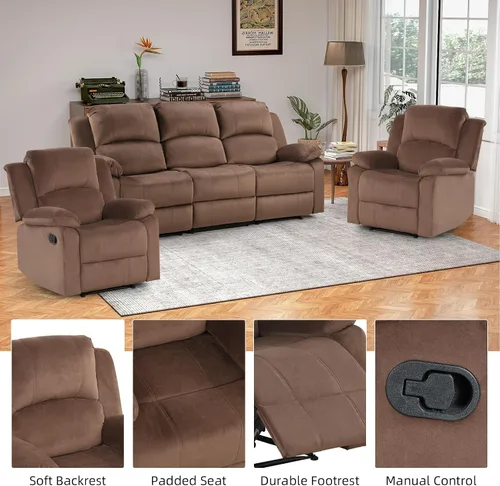 Vista 3 de EBELLO Juego de sofá reclinable manual, moderno juego de muebles reclinables de microfibra para sala de estar, incluye 2 sillas reclinables y 1 sofá