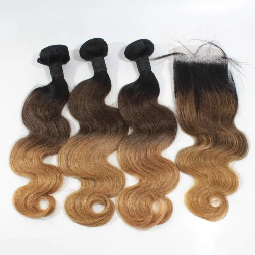 Vista 12 de 1B/27 rubio ombre brasileño virgen paquetes con cierres 4pcs lote cuerpo onda 12 con 10 pulgadas ombre encaje cierre con teje pelo