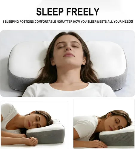 Vista 6 de Almohada ergonómica cervical de espuma viscoelástica para aliviar el dolor de cuello, ajuste para dormir de lado, espalda y estómago con funda Azul