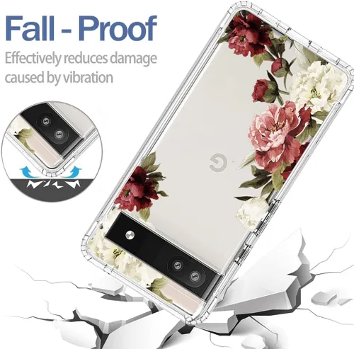 Vista 7 de Funda para Google Pixel 6A, diseño floral, protector de pantalla de vidrio templado transparente, funda protectora de cuerpo completo