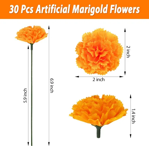Vista 2 de 30 flores artificiales de caléndula de 2 pulgadas, cabezas de flores de caléndula de seda con tallos, flores naranjas artificiales para decoración