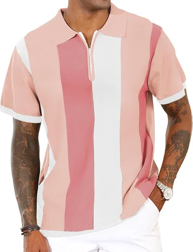 Vista 12 de Camisas polo de moda para hombre, camisas de punto vintage a rayas, camisas de golf casuales ajustadas