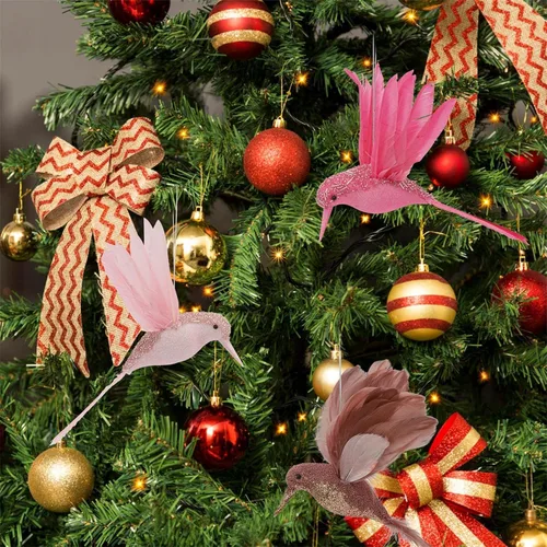 Vista 6 de Decoración de Navidad, adornos falsos de colibrí, adornos de Navidad colgantes de cristal con purpurina artificial, decoración de colibrí volador