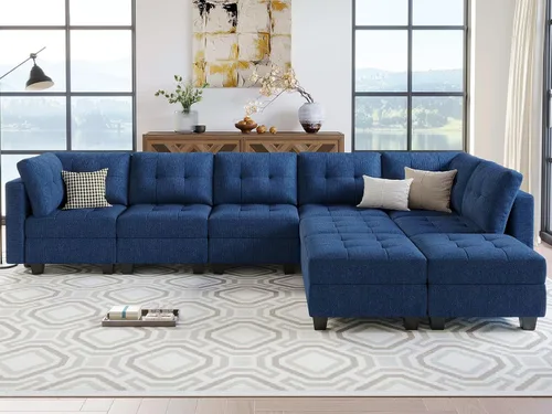 Vista 4 de Belffin Sofá modular en forma de L azul con almacenamiento, 9 asientos, algodón, firme, moderno