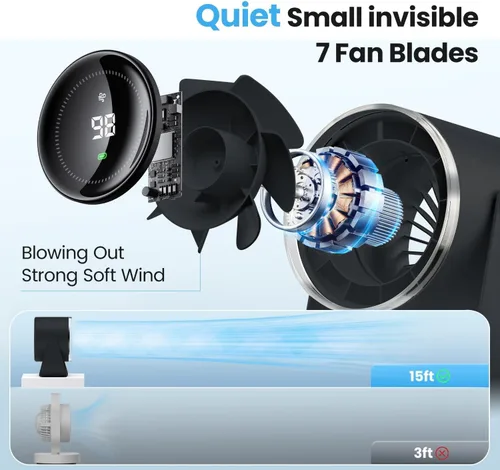 Vista 4 de Ventilador de escritorio pequeño, circulador de aire de escritorio ultra silencioso de 28 dB con inclinación ajustable de 115°, 100 velocidades