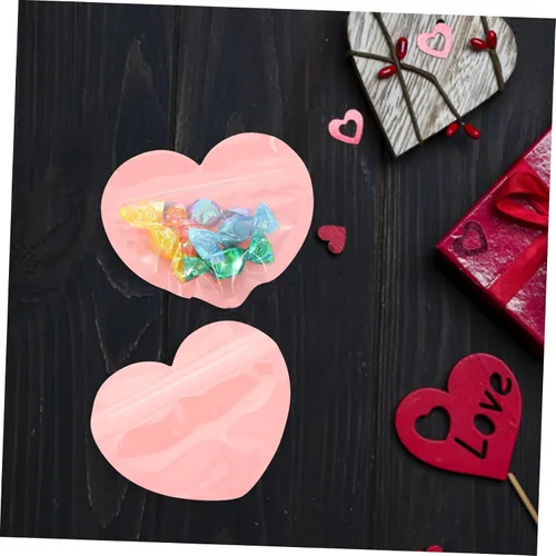 Vista 6 de Mobestech Bolsas de baratija en forma de corazón, 50 unidades, bolsas de plástico con forma de corazón pequeño, autoadhesivas, almacenamiento