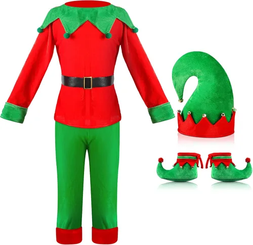 Vista 2 de Hicarer Man Adult Christmas Elf Costume Set for Santa's Helper Dress up Outfit with Elf Hat Shoes Belt