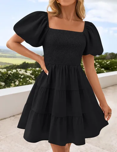 Vista 8 de ZESICA Mini vestido corto de verano bohemio 2025 con cuello cuadrado, manga abombada, hombros descubiertos, fruncido, escalonado, casual