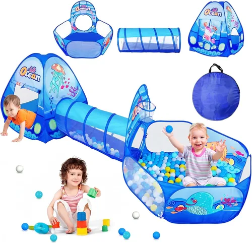 Vista 11 de PigPigPen Tienda de campaña 3 en 1 para niños con túnel de juego y pozo de bolas, juguetes para niños y niñas, juguetes de casa