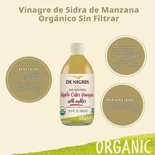 Vista 4 de De Nigris Vinagre de sidra de manzana orgánico crudo y sin filtrar 16,9 oz