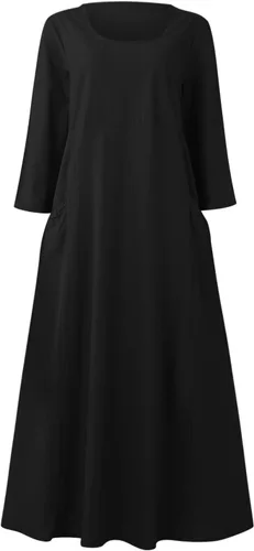Vista 5 de Akivide Vestido largo de algodón y lino para mujer, manga 34, bohemio, liso, fluido, casual, verano, otoño, playa, vestido tipo camiseta