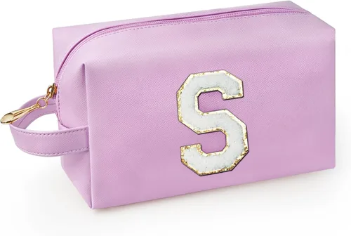 Vista 11 de Bolsa de maquillaje personalizada con inicial con asa, bolsa de cosméticos de preparación con bolsillo interior con cremallera, 8, 9, 10, 11, 12 Rosa
