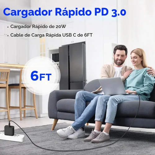 Vista 6 de Cargador de carga rápida para iPhone 17, 16, 15, paquete de 20 W, Apple iPad, USB C, bloque Chrager de pared con cable USB C a C de 6 pies para Negro
