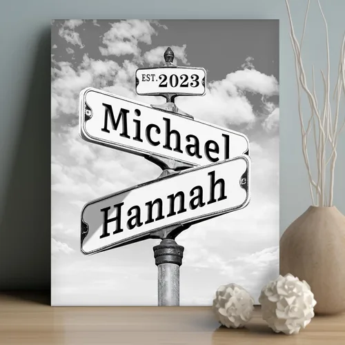 Vista 10 de WNNNS Póster de letrero de calle vintage con nombre personalizado para parejas, novia, novio, impresiones en lienzo personalizadas para enamorados