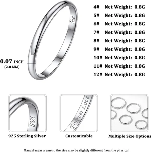 Vista 4 de ChicSilver 235mm 925 Sterling Silver Ring Customizable Plain Dome High Polished Wedding Band Comfort Fit Size 4-12 (with Gift Box)