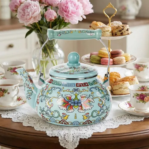 Vista 8 de Pumtus Hervidor de té esmaltado floral de 2.6 cuartos de galón, tetera esmaltada vintage, olla de café esmaltada en acero con mango de cerámica