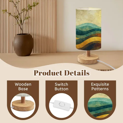 Vista 5 de Bedside Table Lamp Creative Minimalist Hand Illustrations Mid Century Modern Abstract Sun Dimmable Desk Lamp with Flaxen Fabric Shade Wood Base
