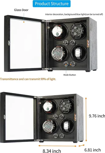 Vista 5 de Oryx Watch Winder for 4 Automatic Watches, Rotating Watch Box 5 Rotation Modes Setting Case with LED Light, USB Powered Super Quiet Mabuchi Motor